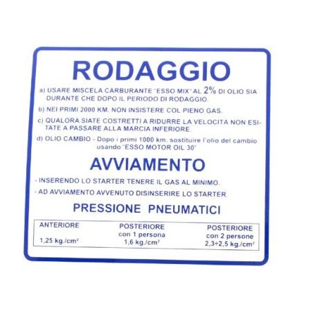 Targhetta blu  Rodaggio  x Vespa 50-90-125 Primavera